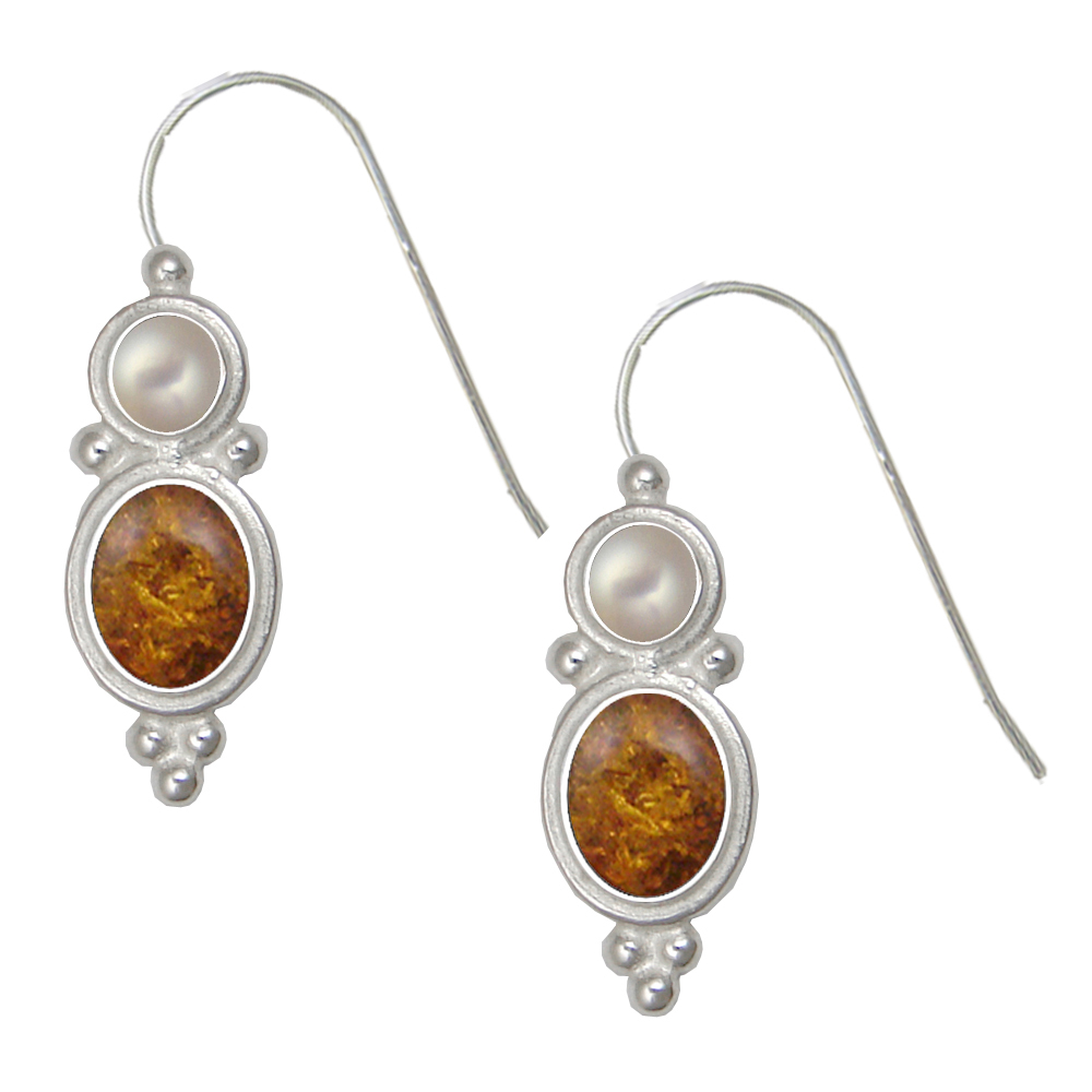 Sterling Silver Drop Dangle Earrings Amber And Cultured Freshwater Pearl